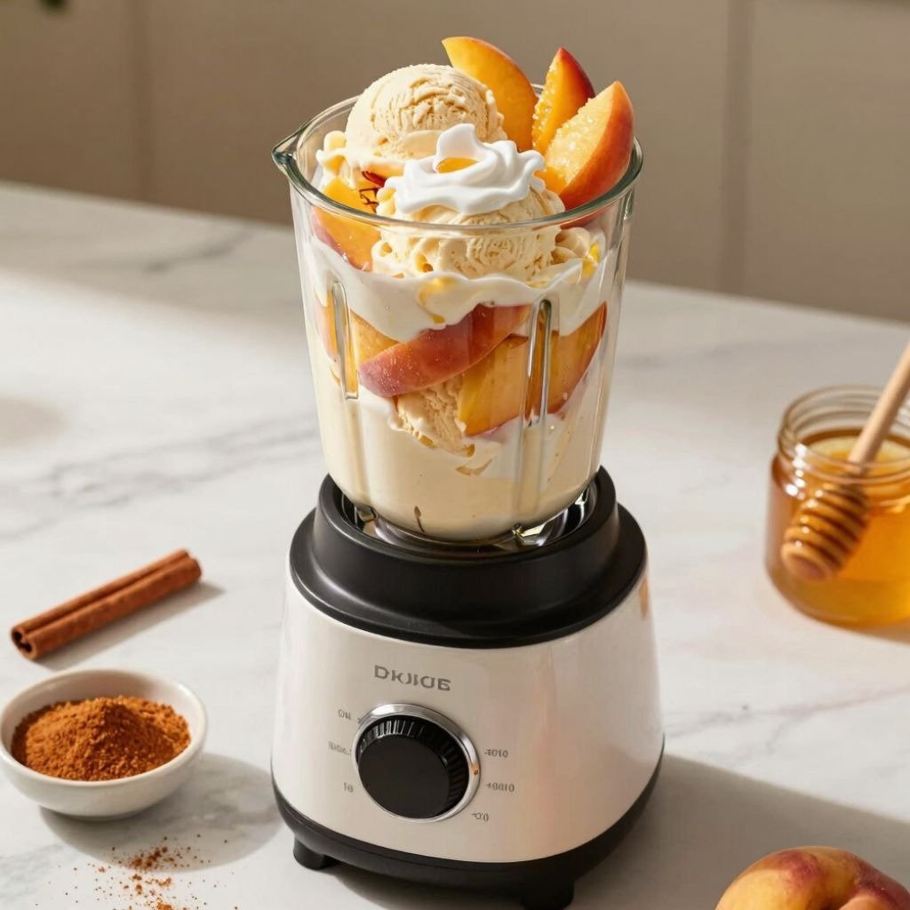 Peach smoothie ingredients with vanilla ice cream and fresh fruit slices in a white electric blender