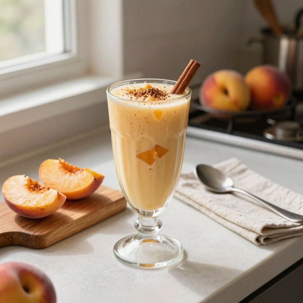 A creamy peach smoothie in a glass garnished with cinnamon sticks and nutmeg near fresh sliced peaches on a bright counter.