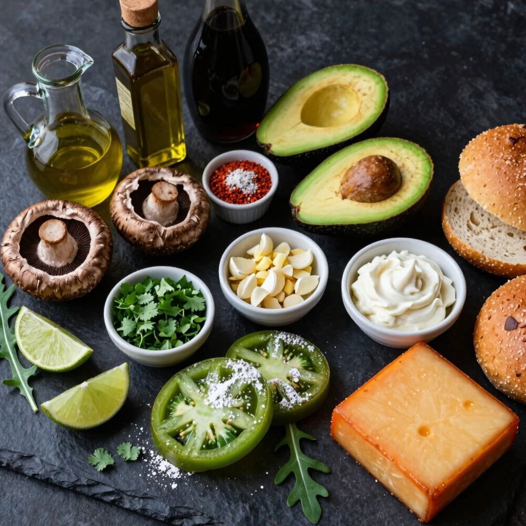 Fresh ingredients for a gourmet veggie burger including avocado, portobello mushrooms, cheese, and brioche buns.