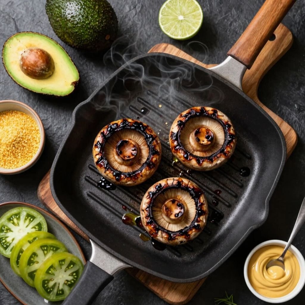 Grilled portobello mushrooms with balsamic glaze in a cast iron pan, served with fresh avocado, lime, and green tomatoes.