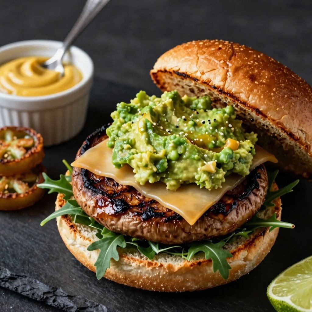 Gourmet portobello burger topped with melted cheese, thick guacamole, and fried green tomato.