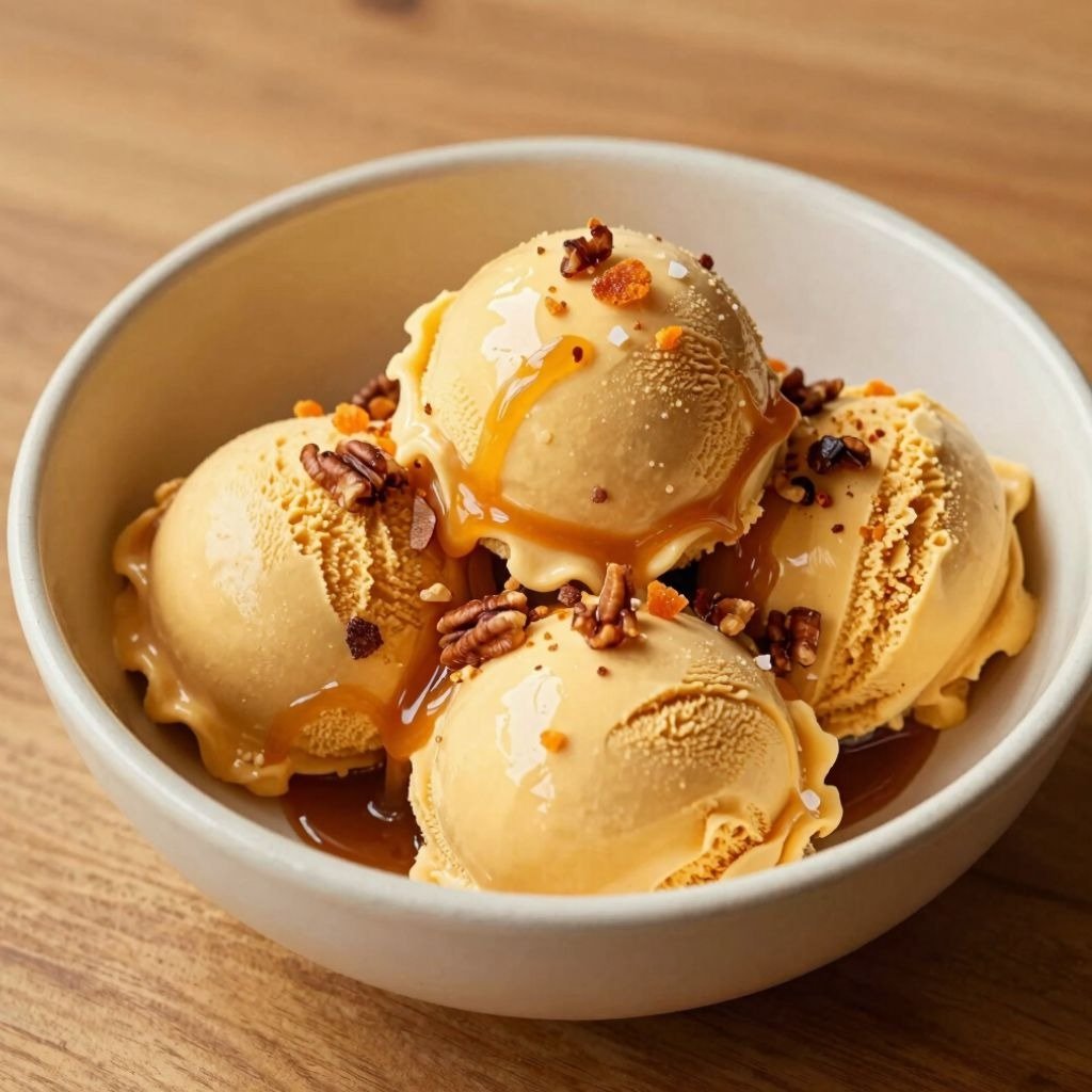 Four scoops of salted caramel gelato topped with caramel sauce and crushed pecans in a white bowl.