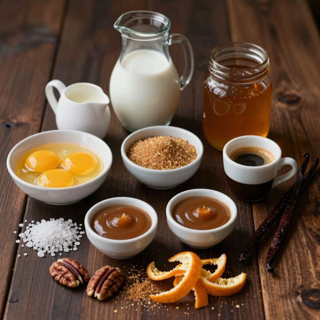 A wooden table set with fresh ingredients including egg yolks, milk, honey, coffee, and pecans for baking.