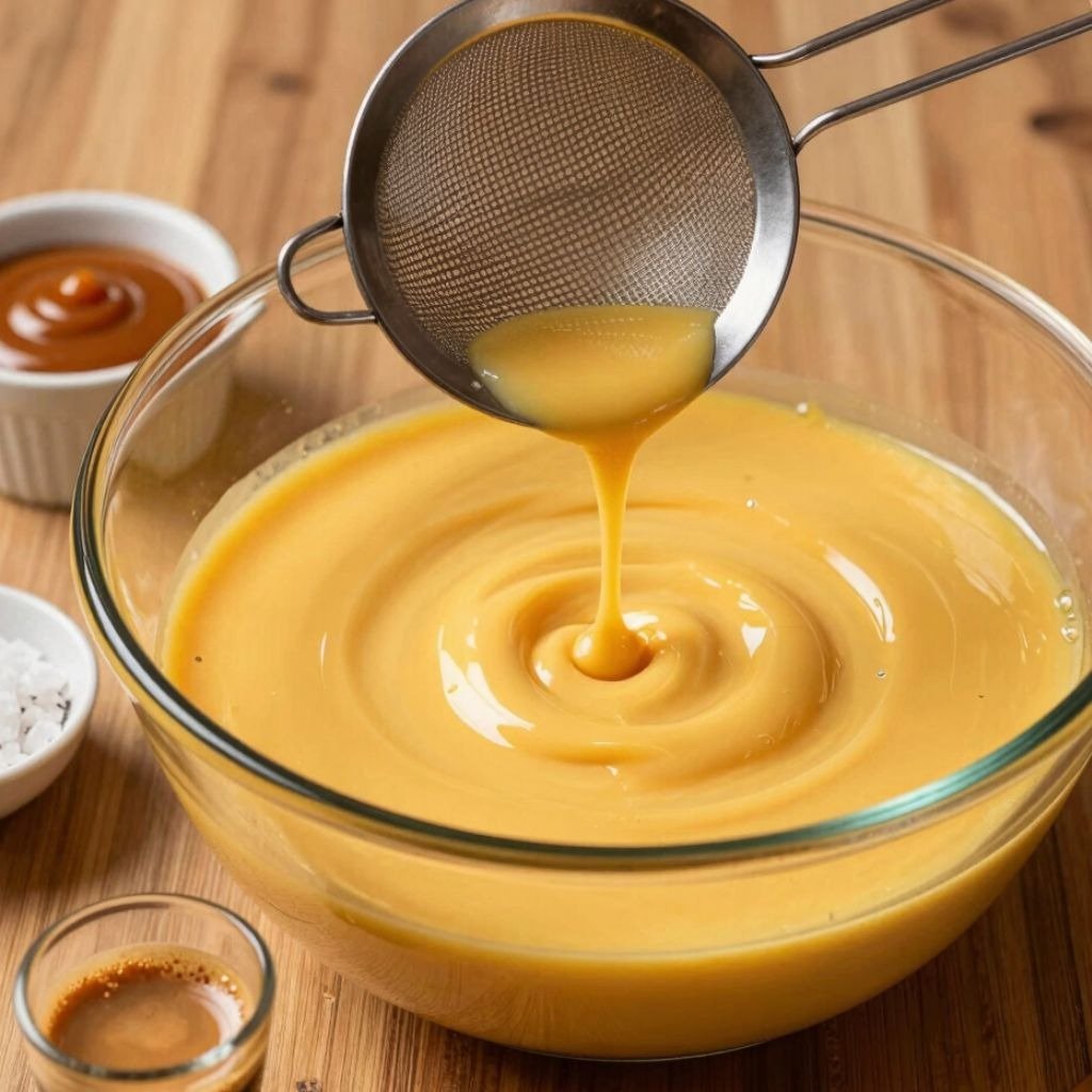 Straining smooth gelato batter through a metal mesh sieve into a clear glass mixing bowl.