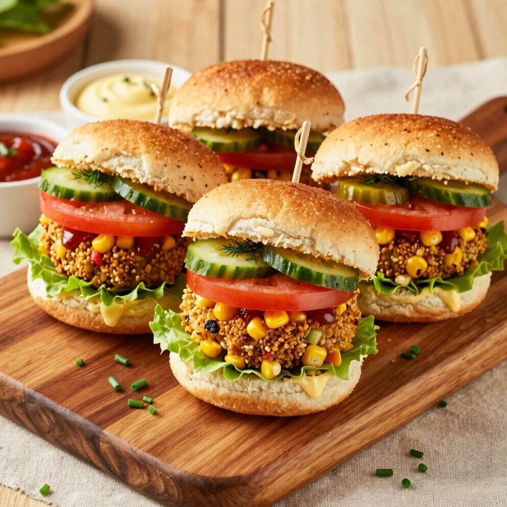 Veggie sliders with quinoa corn patties, fresh tomatoes, cucumbers, and butter lettuce.