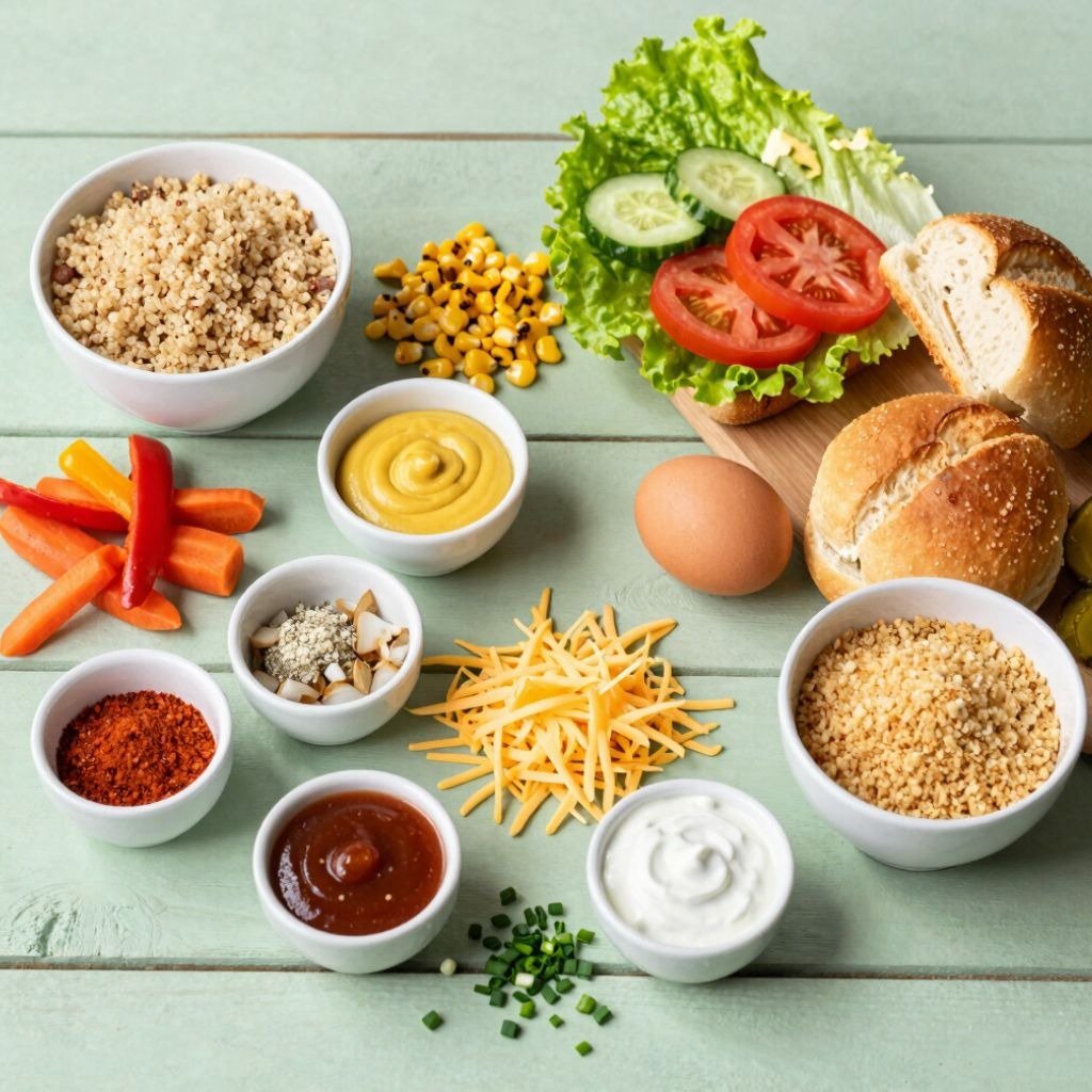 Fresh burger ingredients including quinoa, vegetables, sauces, and buns arranged on a light green wooden table.