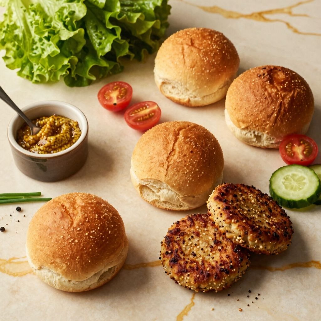 Fresh burger ingredients with buns, grilled quinoa patties, lettuce, tomatoes, and cucumbers.