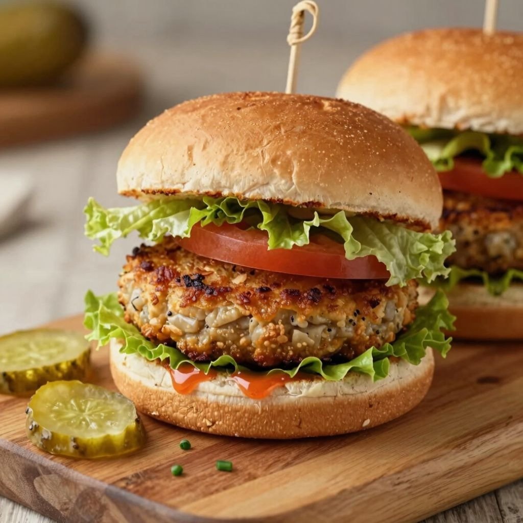 Veggie slider with quinoa corn patty, fresh tomato, and butter lettuce.