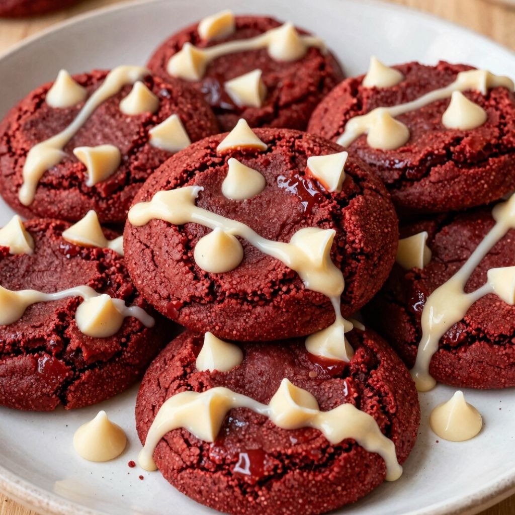 Freshly baked red velvet cookies topped with white chocolate chips and a sweet cream cheese drizzle on a plate.