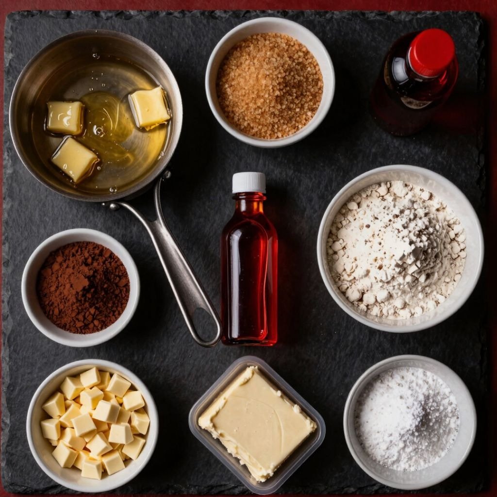 Flat lay of baking ingredients including butter, cocoa powder, flour, and sugar on a black slate background.