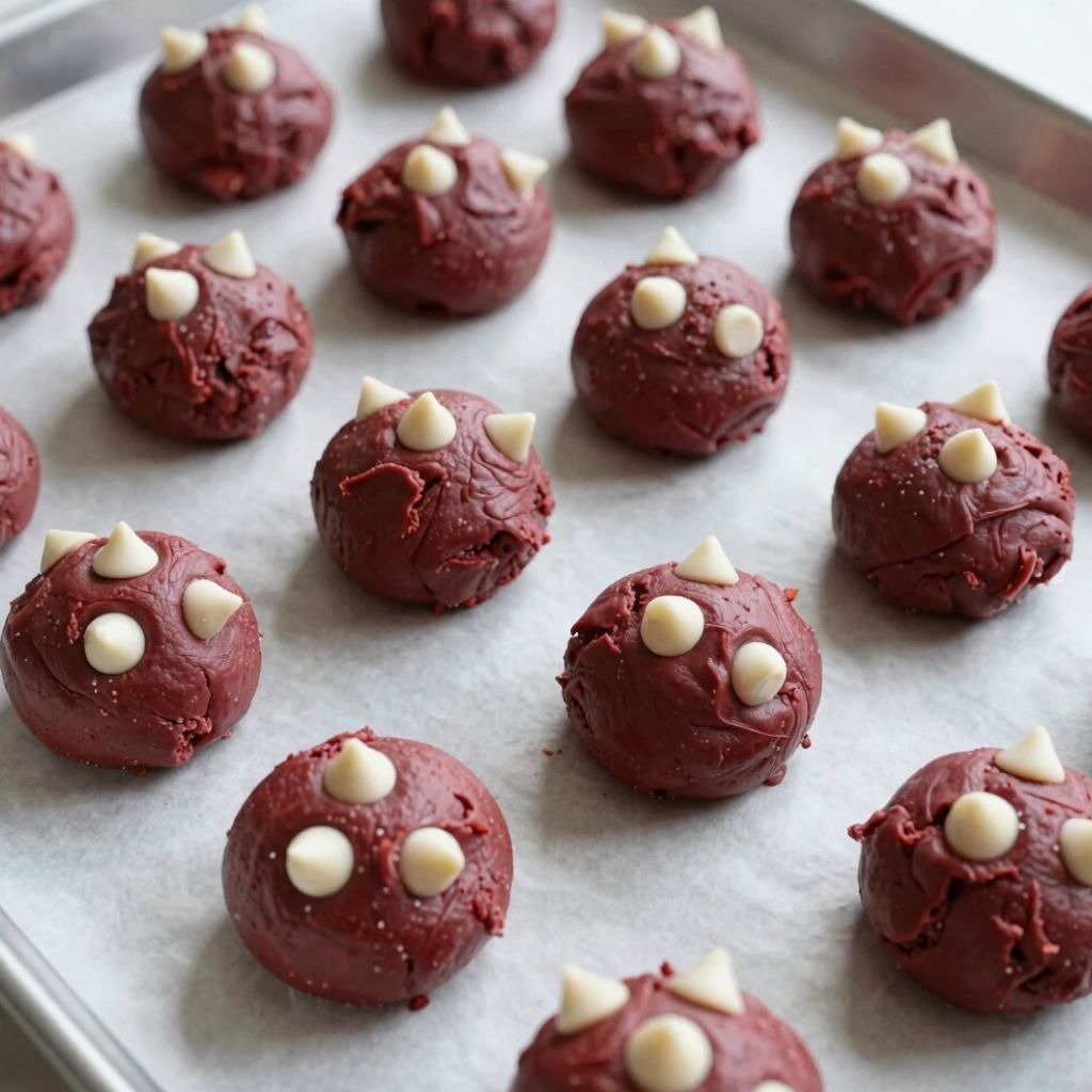 Rows of red velvet cookie dough balls with white chocolate chips on a baking sheet lined with parchment paper.