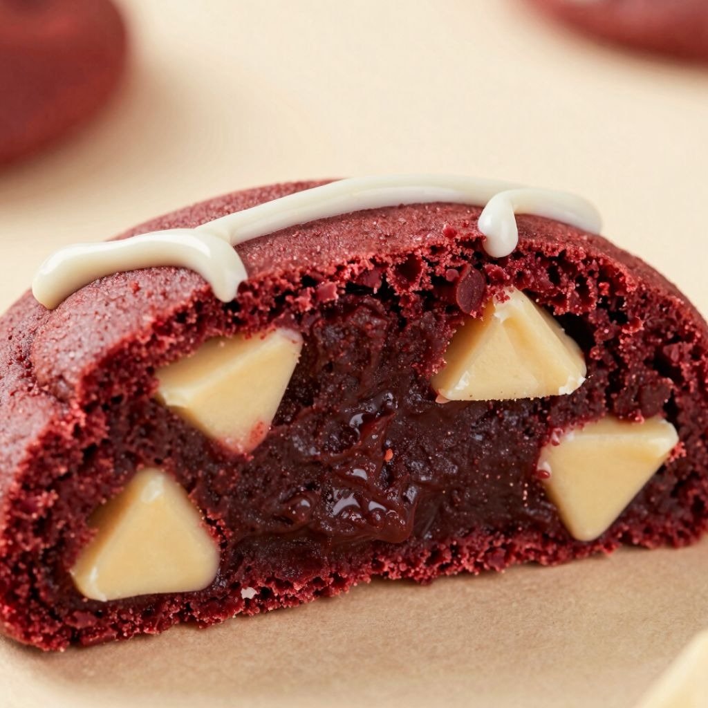 A soft red velvet cookie broken in half, showing a gooey chocolate center and white chocolate chips.
