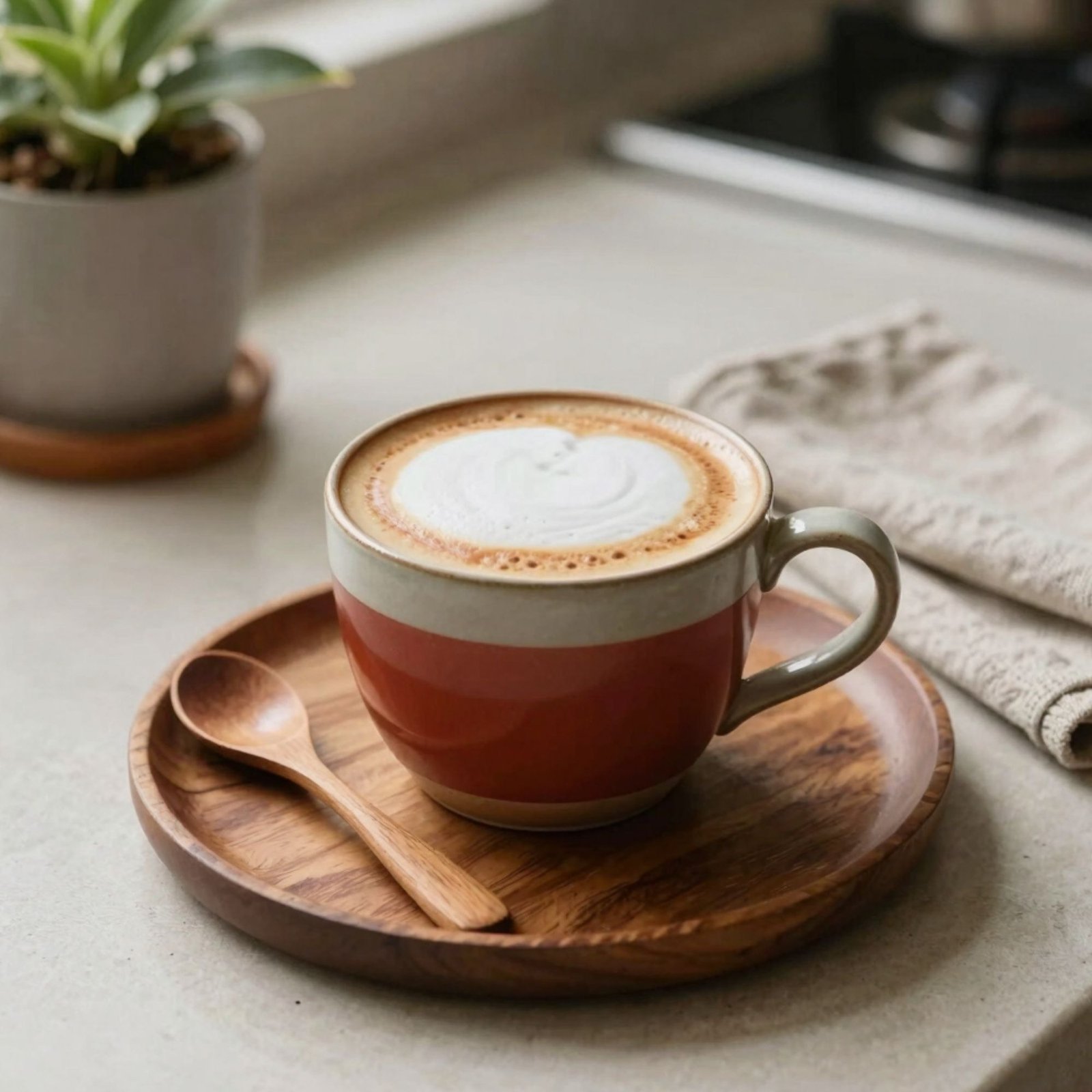 A ceramic mug of frothy latte coffee with heart art on a wooden saucer with a spoon on a kitchen counter.