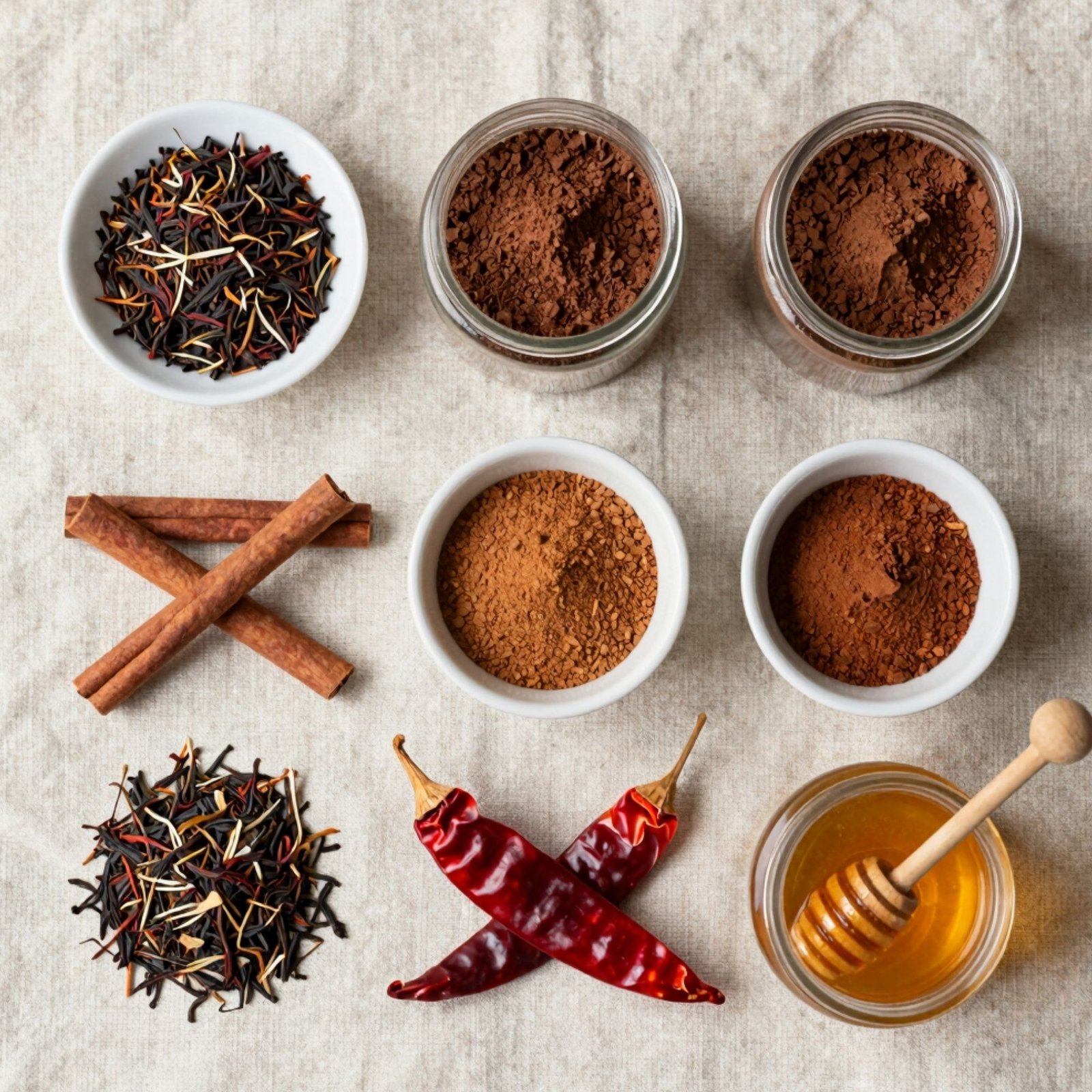Flat lay of aromatic ingredients including loose leaf tea, cocoa powder, cinnamon sticks, dried chilies, and honey.
