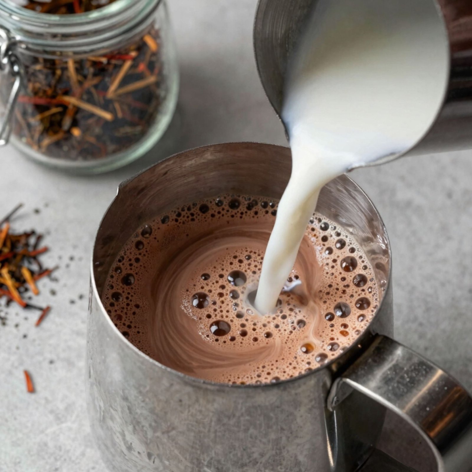 Steamed milk being poured into a frothing pitcher of hot chocolate or chai tea latte with loose tea leaves nearby.