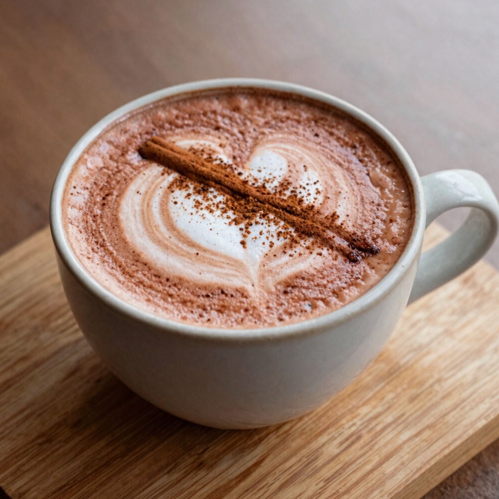 Hot cocoa latte with heart-shaped foam art and a sprinkle of cinnamon on a wooden tray.