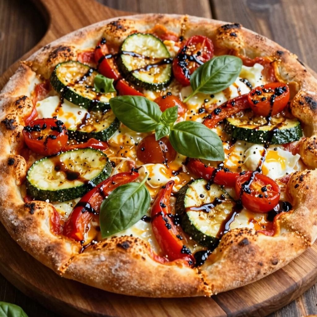 Gourmet vegetable pizza with grilled zucchini, cherry tomatoes, fresh basil, and balsamic glaze.
