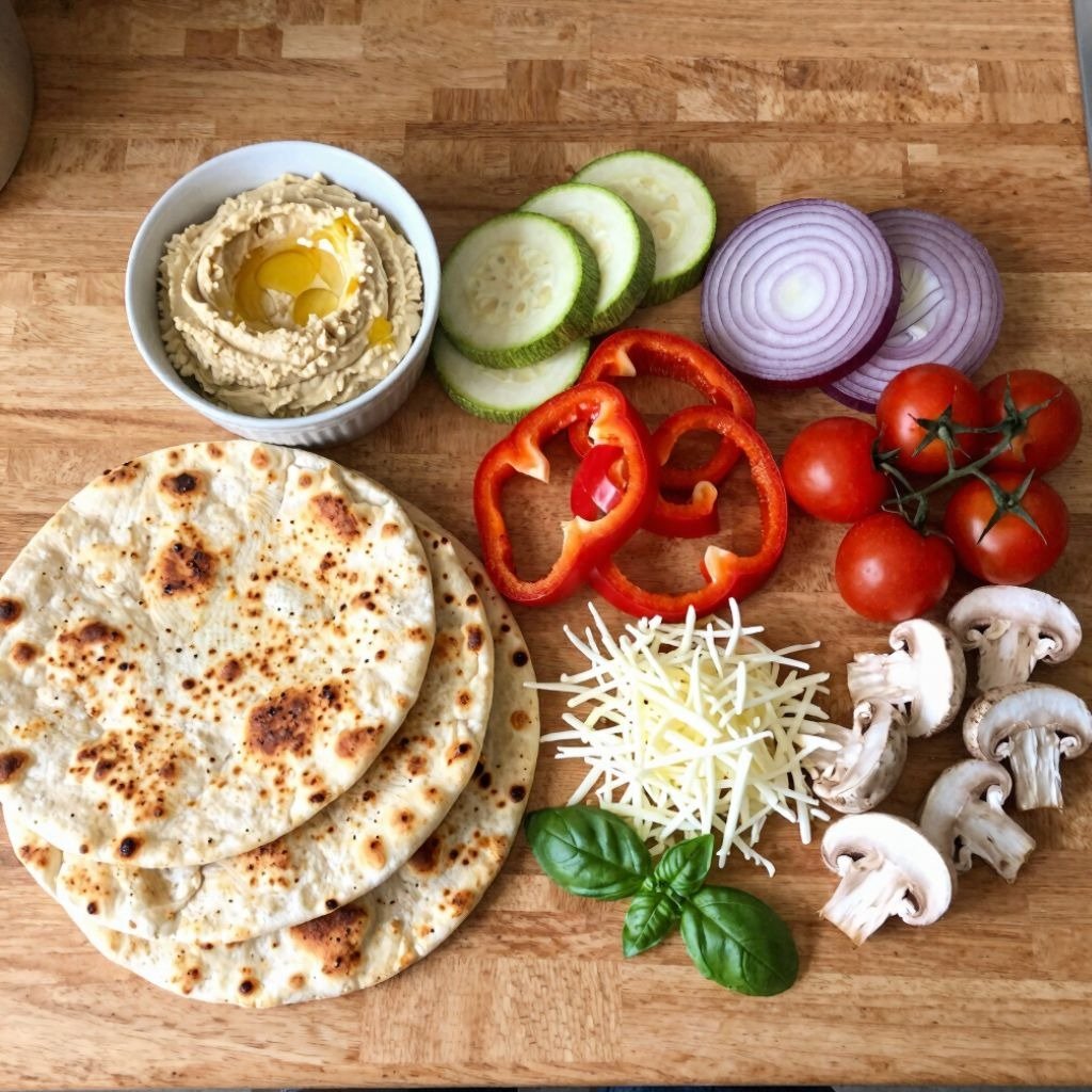 Flatbread with hummus, sliced peppers, zucchini, mushrooms, and cherry tomatoes on a wooden board.