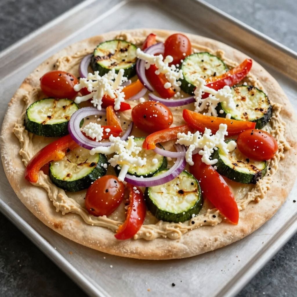 Healthy vegan flatbread pizza topped with hummus, grilled zucchini, red peppers, cherry tomatoes, an