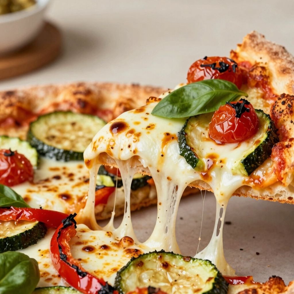 A slice of vegan pizza with melted vegan cheese, zucchini, tomatoes, and fresh basil.