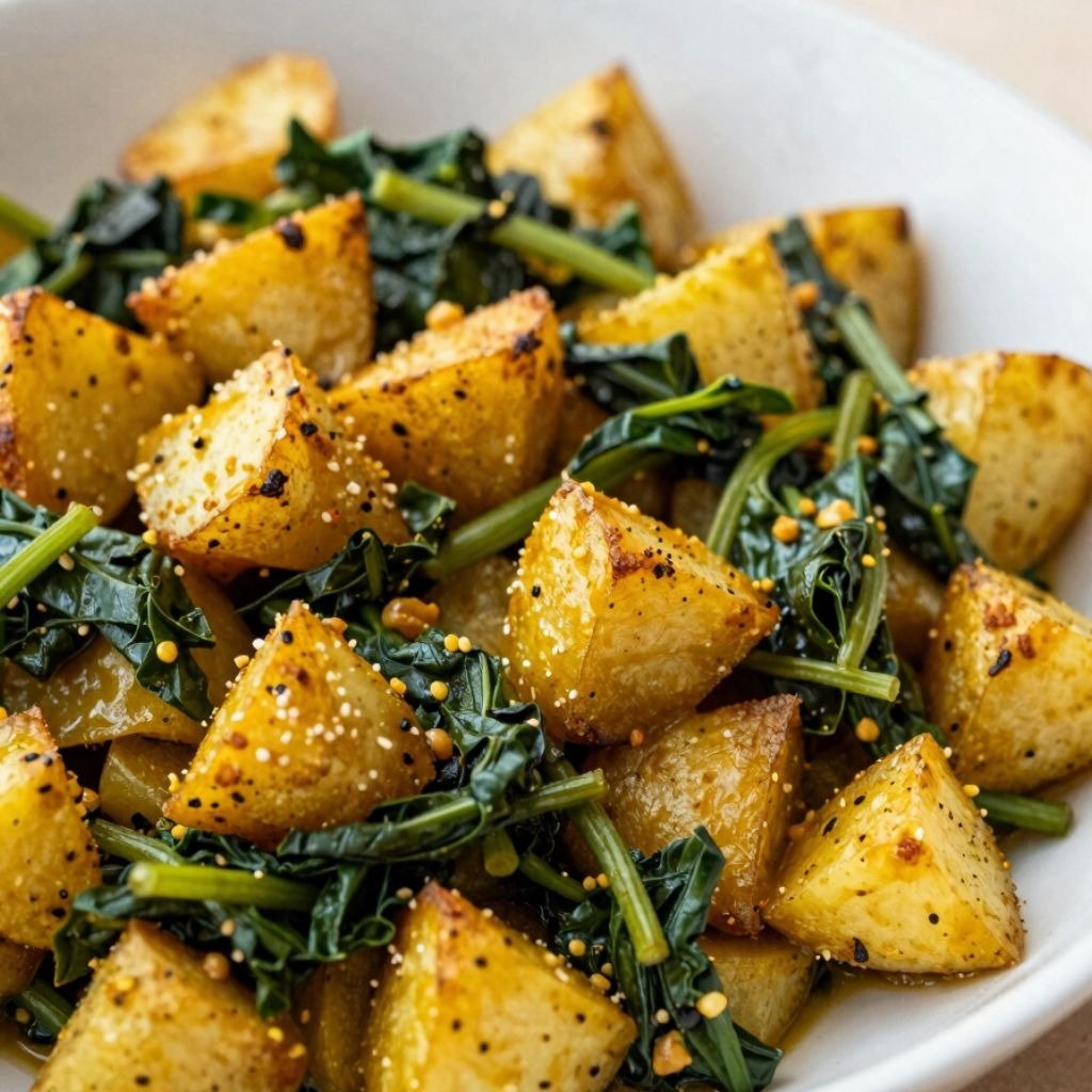 Crispy roasted potatoes mixed with sautรฉed kale and whole mustard seeds in a white bowl.