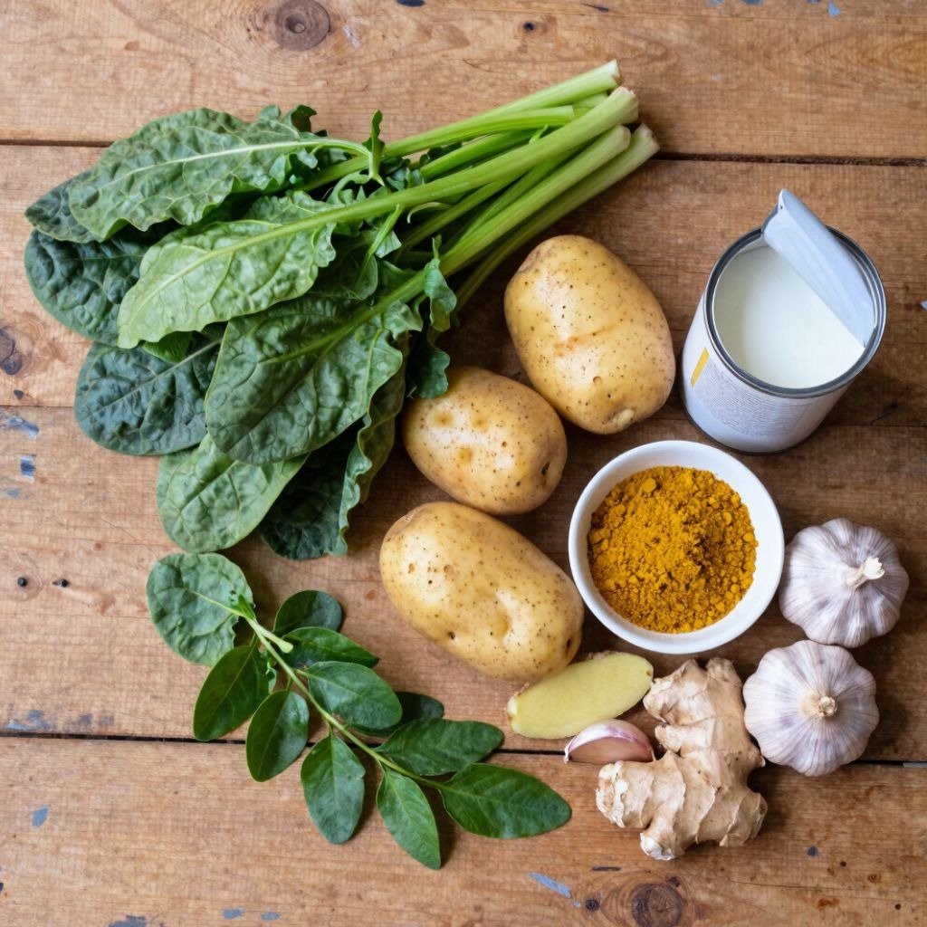 Fresh ingredients for Saag Aloo including spinach, potatoes, turmeric, ginger, garlic, and coconut milk on wood.