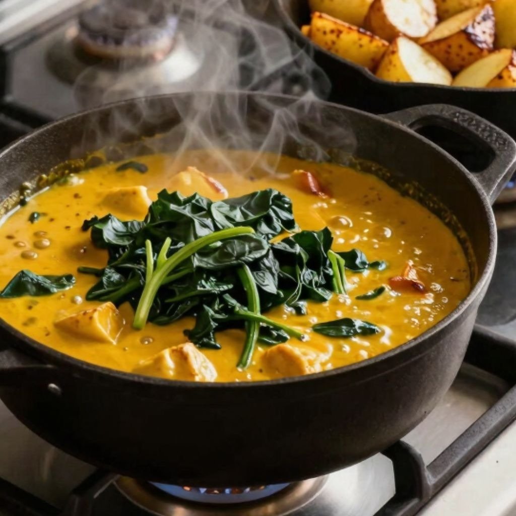 Fresh green spinach simmering in a steaming yellow curry sauce inside a black cast iron pot on a gas stove burner.