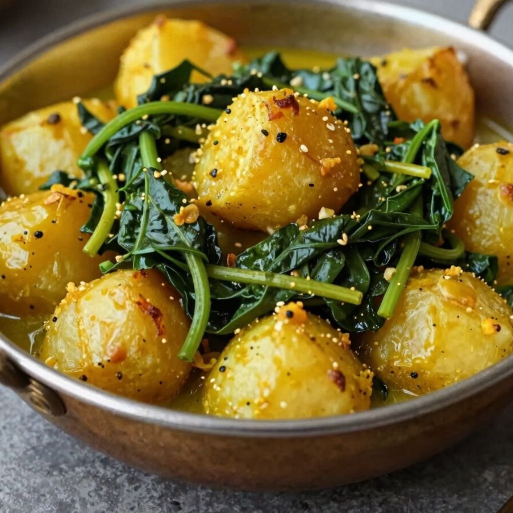 A bowl of Aloo Saag featuring golden roasted potatoes and fresh green spinach seasoned with Indian spices and seeds.