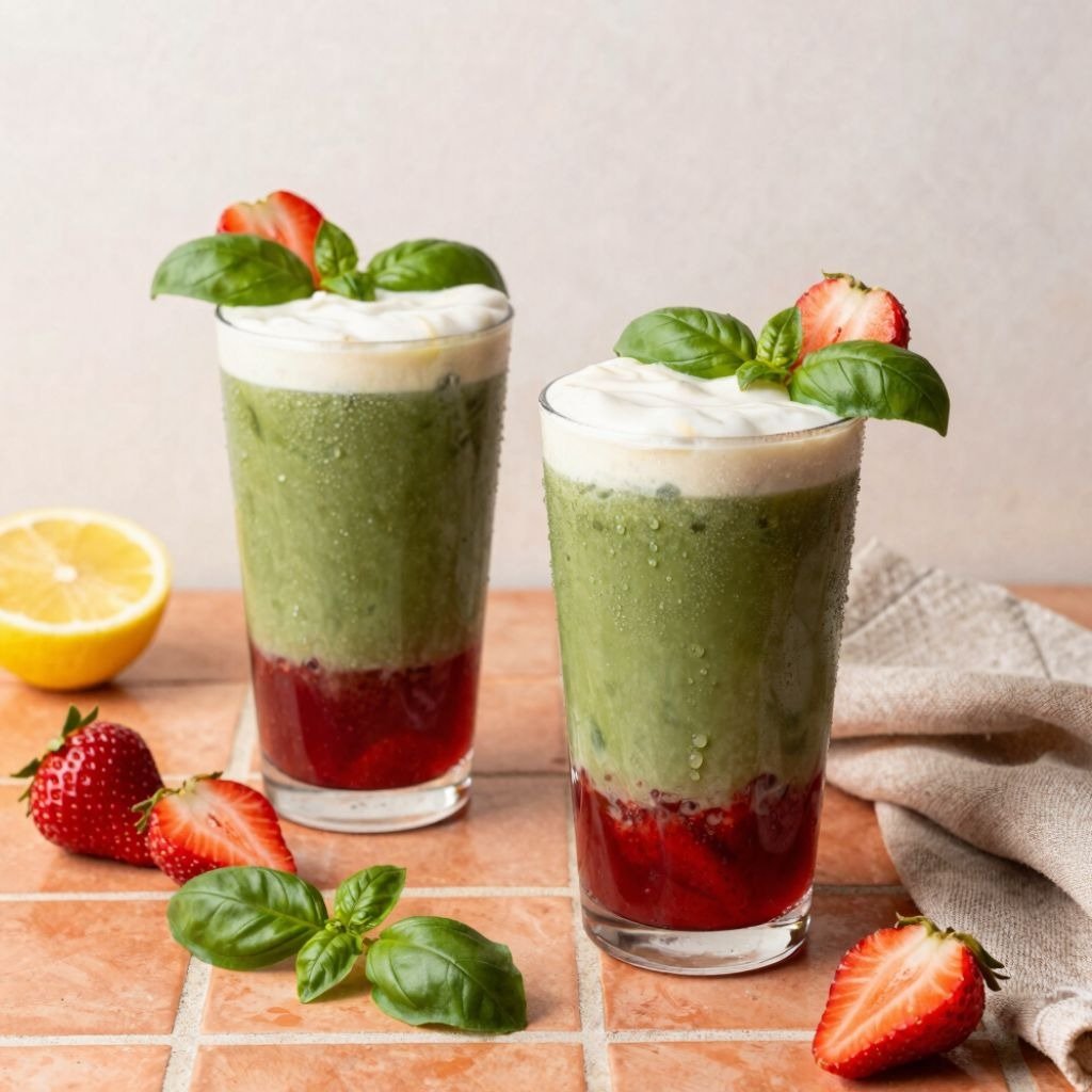 Layered strawberry iced matcha latte with cold foam, fresh basil, and strawberries.
