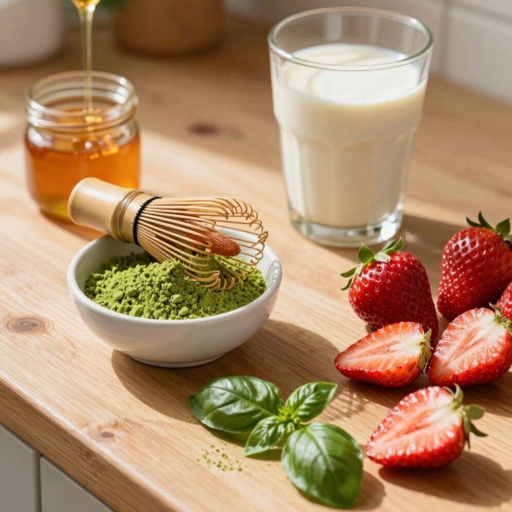 Ceramic bowl of matcha green tea powder with a bamboo whisk, fresh strawberries, and milk for a healthy latte.