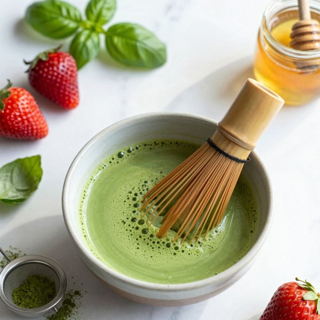 Frothy green matcha tea in a ceramic bowl with a bamboo whisk, fresh strawberries, basil leaves.