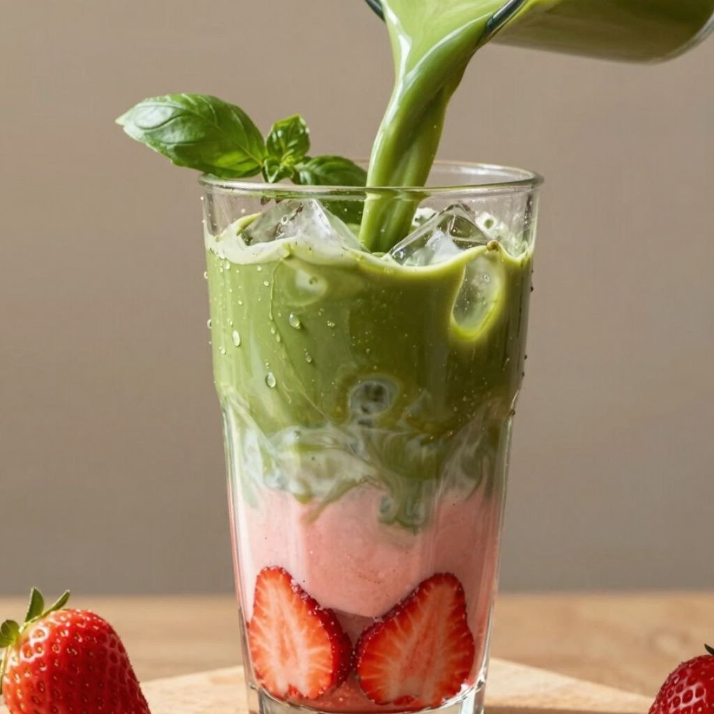 Green matcha tea being poured into a tall glass with ice, creamy strawberry base, and fresh strawberry slices.