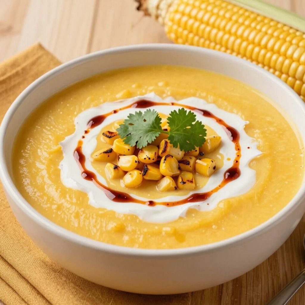 A creamy bowl of yellow corn soup topped with roasted kernels, chili oil, cream, and fresh cilantro garnish.