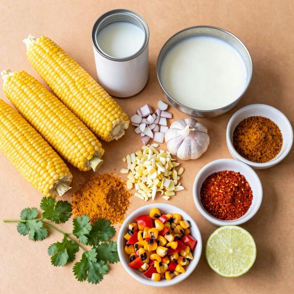 Fresh corn on the cob, coconut milk, spices, and garlic arranged on a table for a flavorful corn soup recipe.