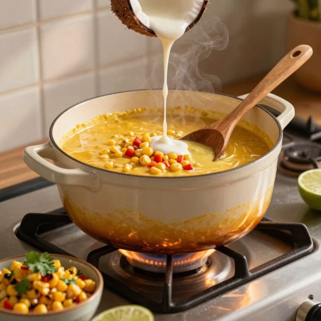 Creamy coconut milk pouring into a steaming pot of yellow corn soup on a stove with a wooden spoon.