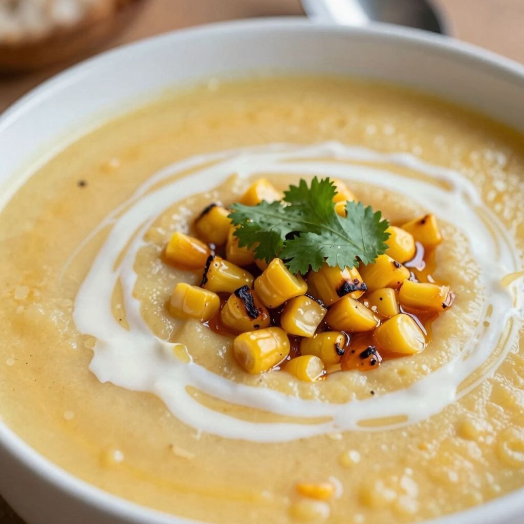 A creamy bowl of yellow corn soup garnished with charred corn kernels, a swirl of white cream, and fresh cilantro leaves.