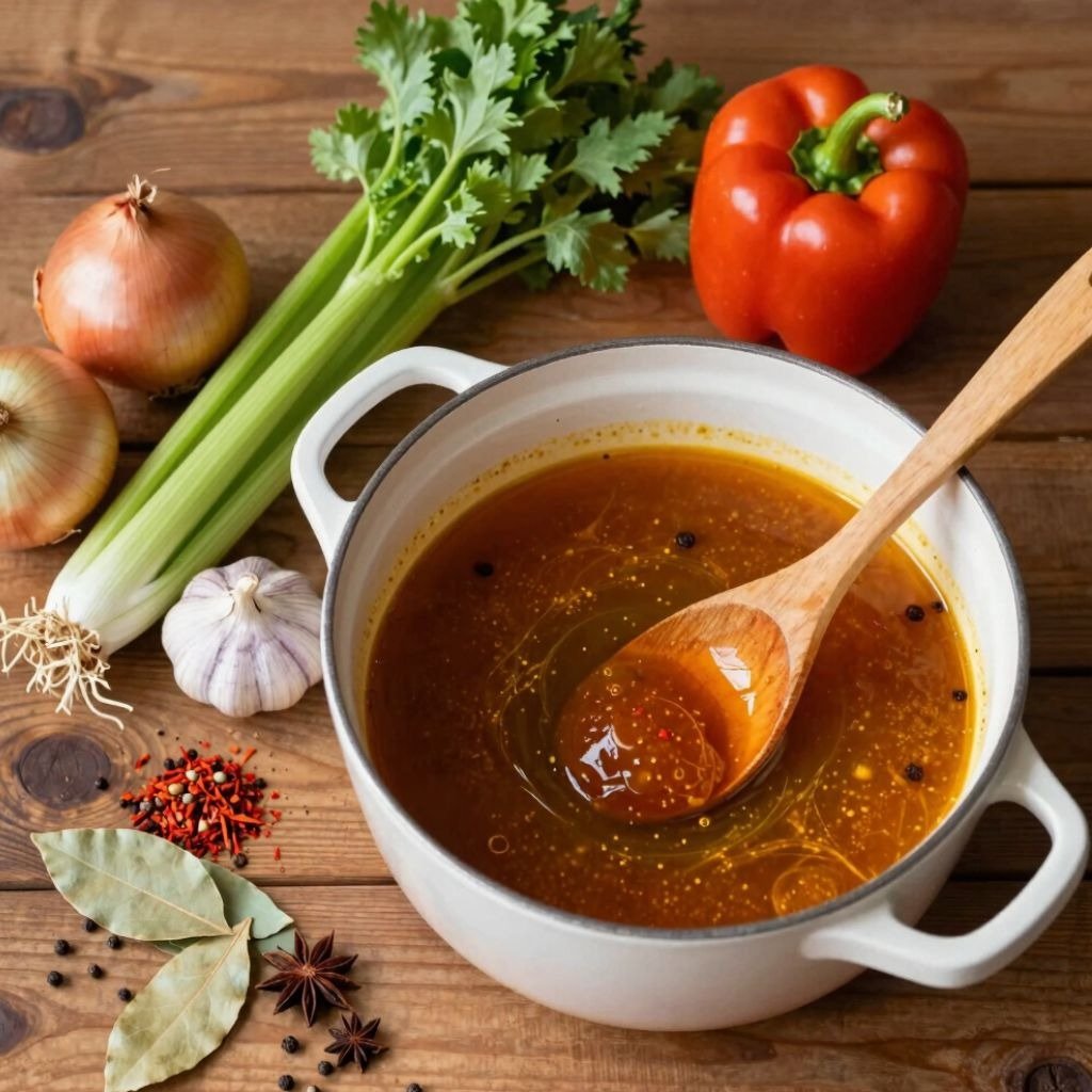 A white pot of savory vegetable broth with a wooden spoon, fresh celery, onions, garlic, and red pepper on a wooden table.