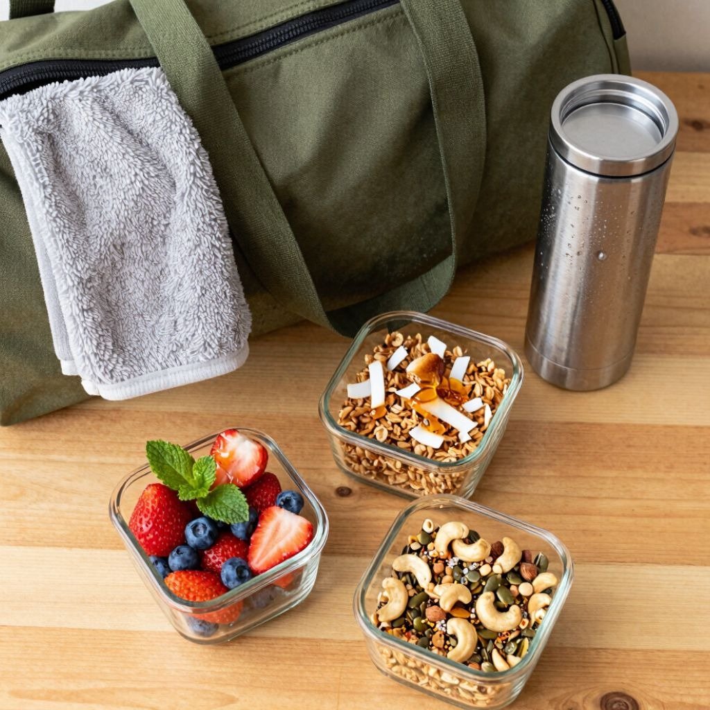 Gym bag with a water bottle and glass containers filled with trail mix, granola, and fresh berries.