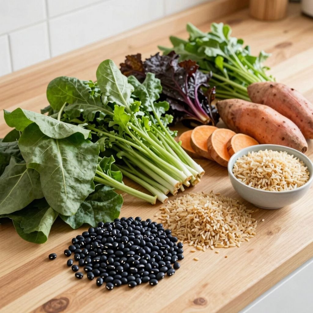 Fresh leafy greens, sweet potatoes, black beans, and brown rice arranged on a wooden kitchen counter