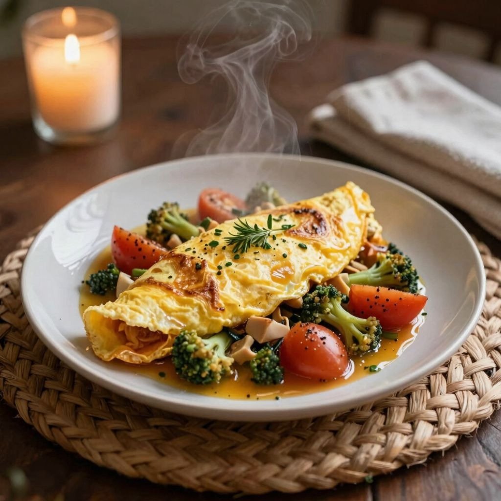 A steaming hot vegetable omelet served with broccoli, tomatoes, and herbs on a white plate..