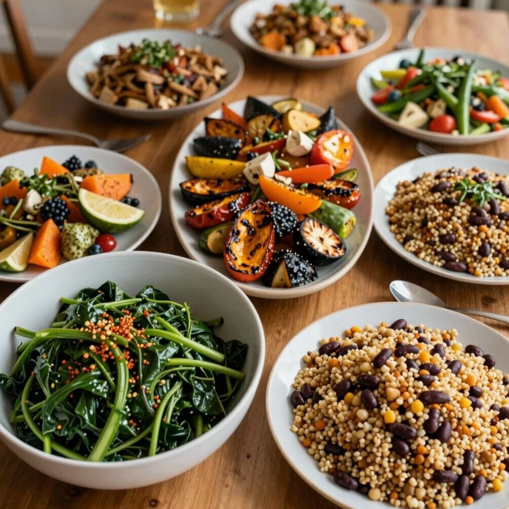 Healthy vegan dinner table featuring roasted vegetables, fresh green salad, black beans, and grain b