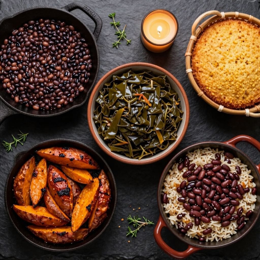 Southern dinner spread with black beans, collard greens, roasted sweet potatoes, cornbread, and rice on a stone table.