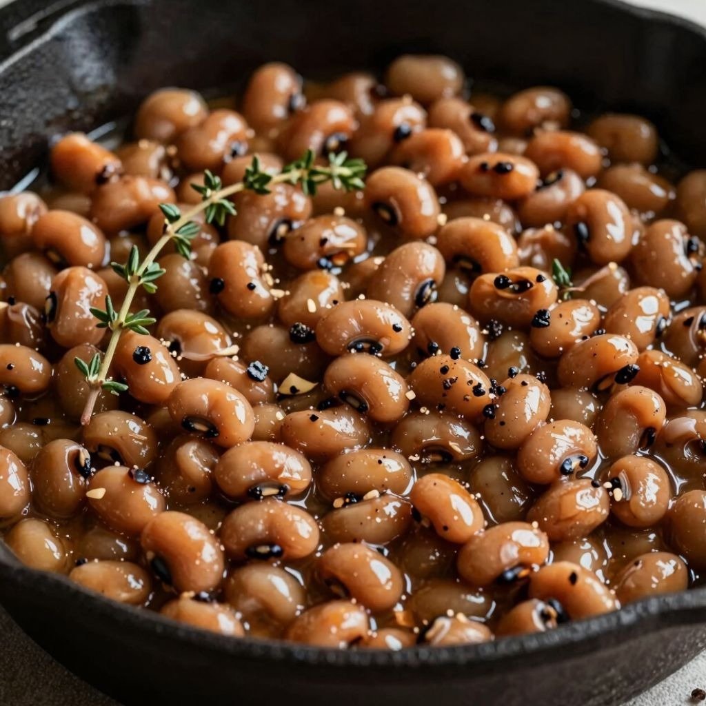 Slow-cooked savory black-eyed peas seasoned with herbs and spices served in a rustic cast iron skill