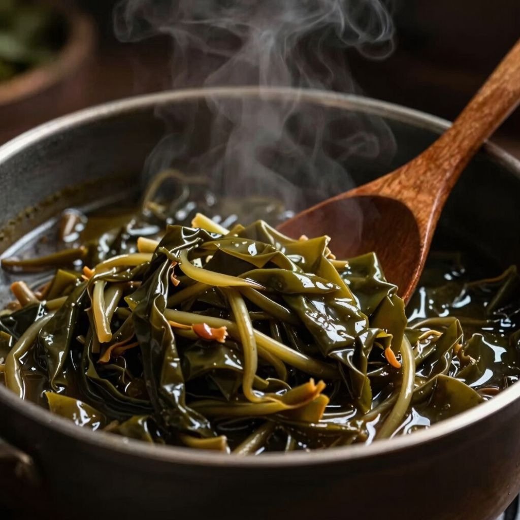 A steaming pot of healthy green seaweed soup being served with a rustic wooden spoon.