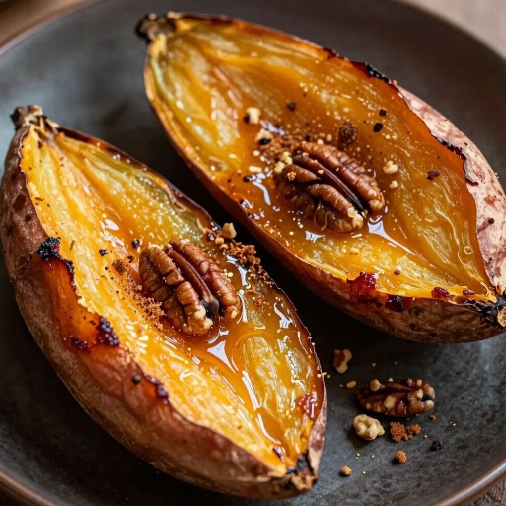 Roasted sweet potato halves topped with maple syrup, cinnamon, and crunchy pecans on a dark plate.