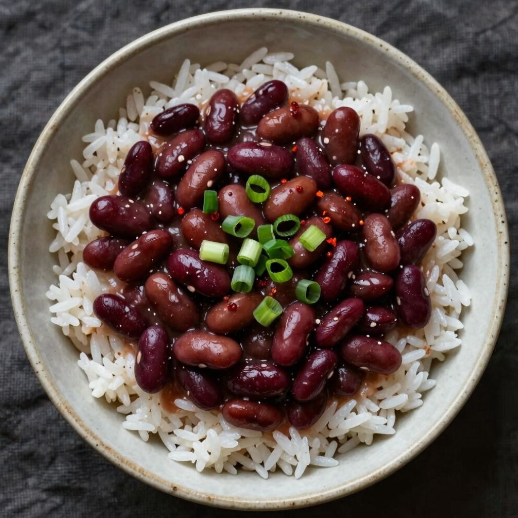 A ceramic bowl filled with white basmati rice topped with red kidney beans and fresh green onions.