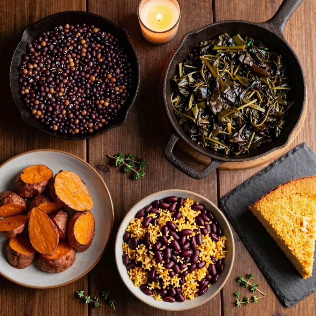 A southern soul food feast with collard greens, black-eyed peas, cornbread, red beans and rice, and roasted sweet potatoes.
