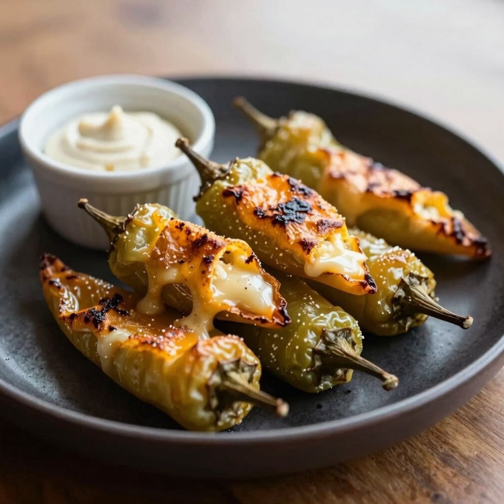 Grilled stuffed shishito peppers with melted cheese served on a dark plate with creamy dipping sauce