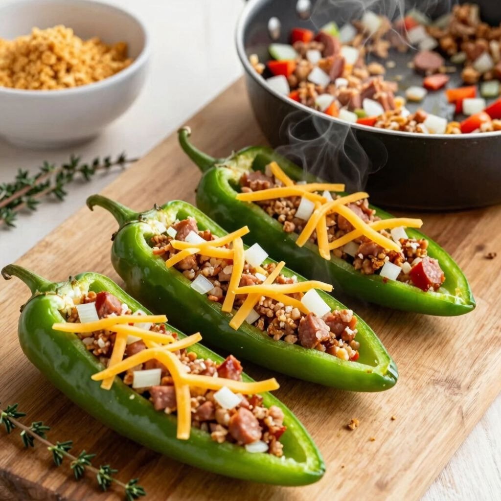 Fresh shishito peppers stuffed with savory ground vegan sausage, onions, and melted cheddar cheese o
