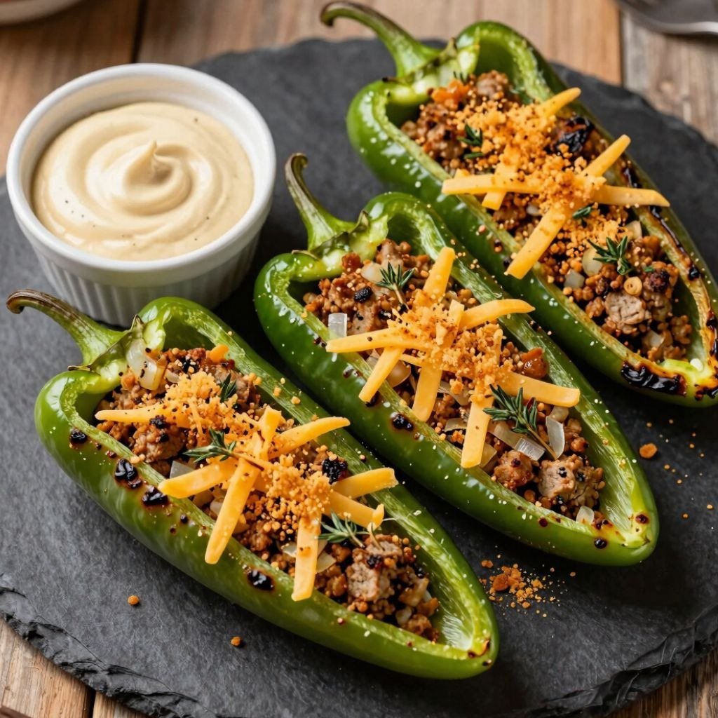Grilled stuffed shishito peppers with melted cheese served on a dark plate with creamy dipping sauce